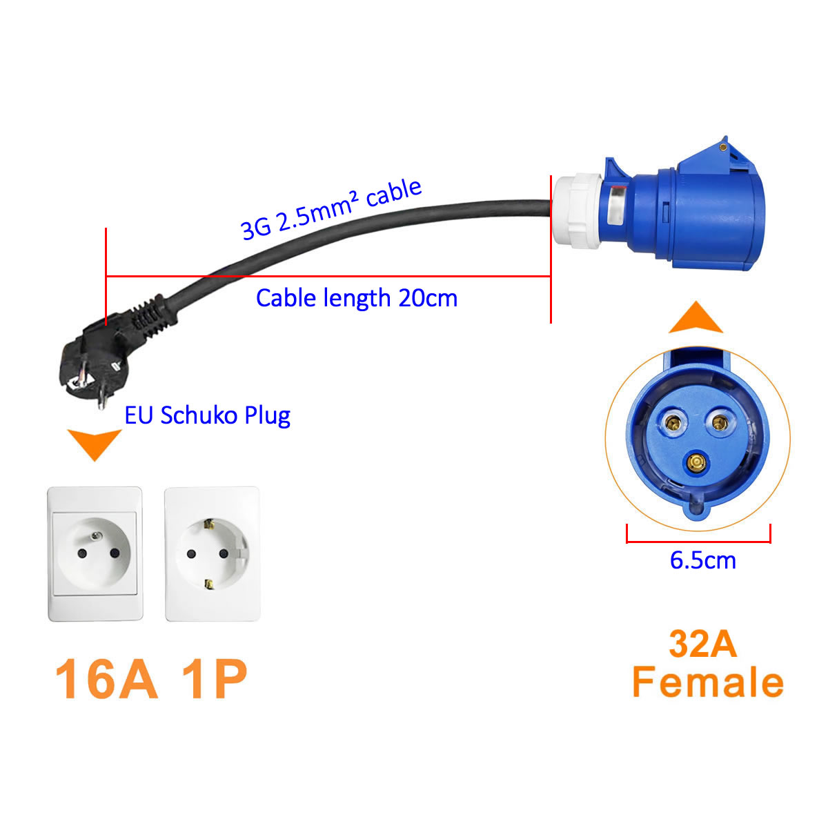 32A ブルー CEE ソケットから 16A EU Schu - Ev Charger Adapter のレビューと価格
