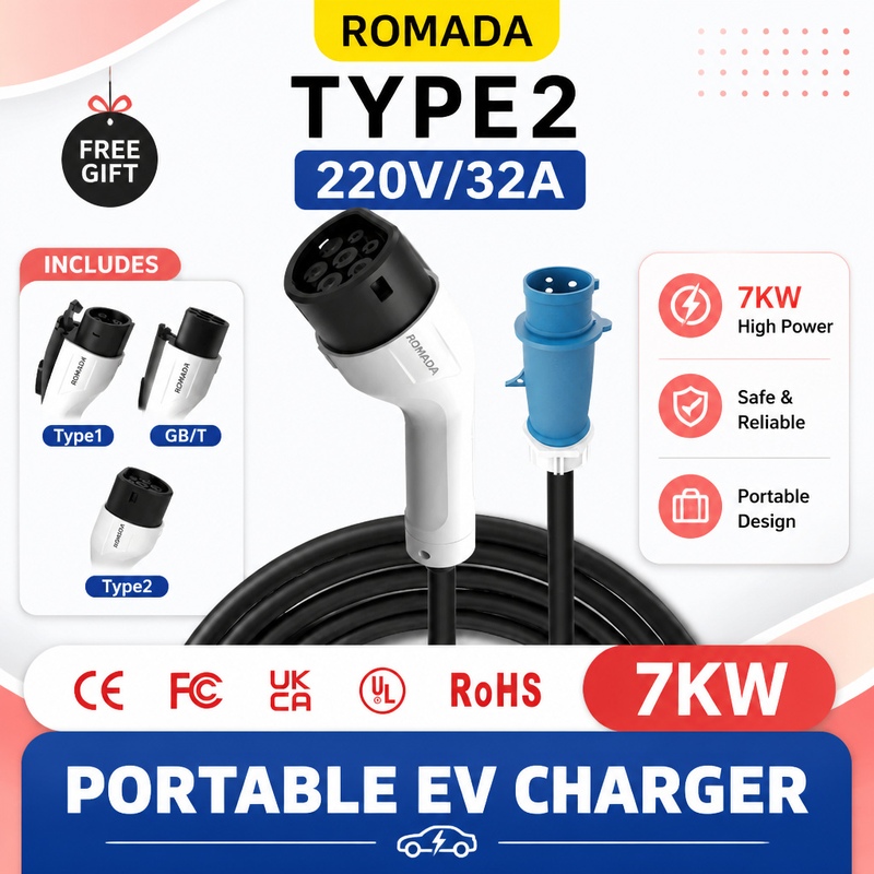7KW ROMADA 電気自動車用ポータブル充電器 GBT  - Portable Ev Charger 32A Type 2 Cee Plug のレビューと価格